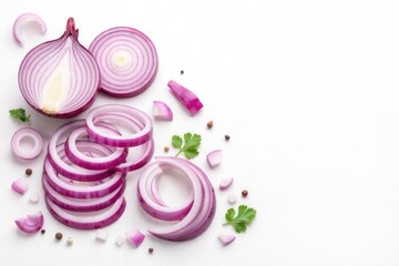 Fototapeta premium Sliced Red Onions with Fresh Herbs and Spices on White Background