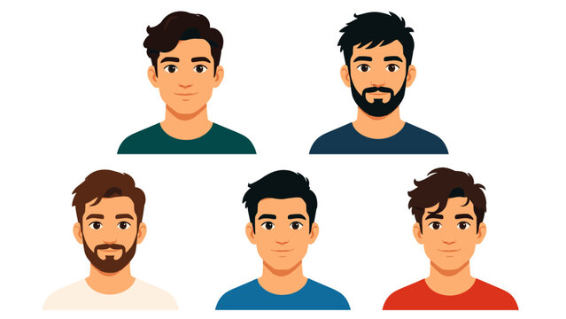 Set of young male avatar portraits in flat vector style