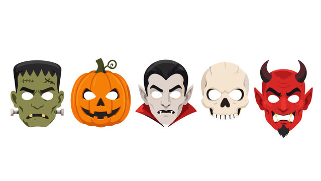 Set of spooky character masks with monster pumpkin skull and devil