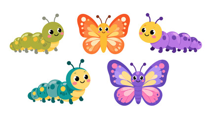 Obraz premium Cute cartoon caterpillars and butterflies isolated on white