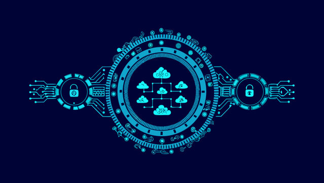 Circular technological ornament with cloud and lock motifs cyan vector illustration on dark blue abstract