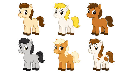 Obraz premium Set of six cute cartoon pony characters in different colors