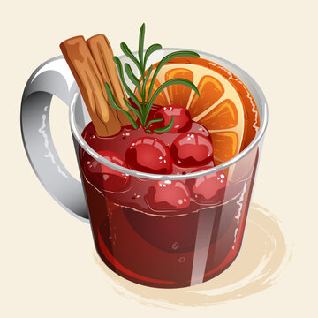Mulled wine illustration in a clear glass mug with orange slice, cranberries, cinnamon sticks and rosemary sprig, hot winter Christmas drink vector isolated