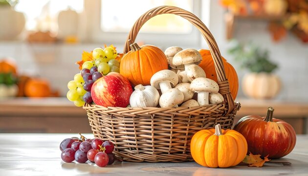 Cesta de mimbre con calabazas, uvas, manzanas y ajos en una composici&oacute;n oto&ntilde;al de cosecha