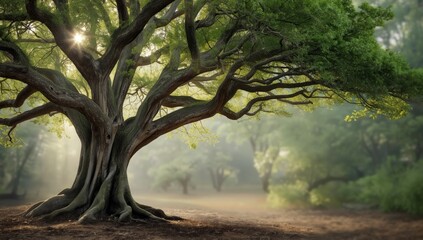 Fototapeta premium Majestic Tree with Winding Branches in a Misty Forest Setting
