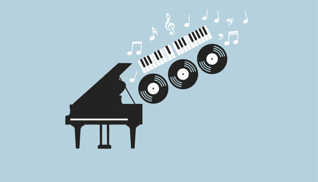 Silhouette of black grand piano with musical notes piano keys and vinyl records flying out on blue background.