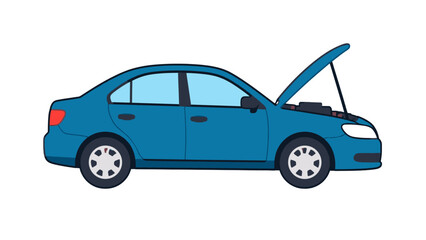 Fototapeta premium Blue sedan car with open hood in side view vector illustration