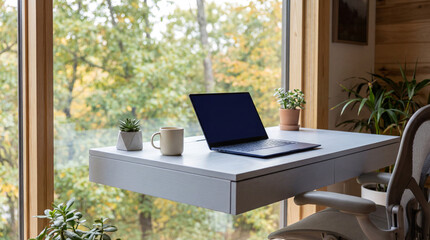 Fototapeta premium Modern Home Office Workspace with Forest View