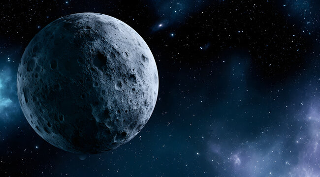A view of the moon in outer space, surrounded by stars, planets, galaxies, and nebulae. The surface of the moon, with its cratered regions, as seen from a satellite. Three-dimensional rendering