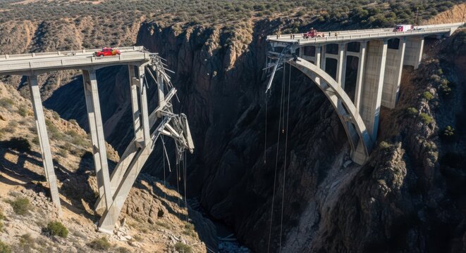 Damaged Concrete Arch Bridge Collapsed Over Deep Canyon, Showing Devastation and Reconstruction Efforts