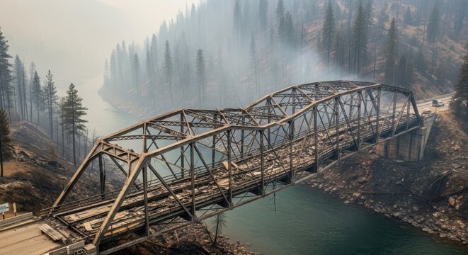 Damaged steel truss bridge crosses river amidst smoke-filled forest from wildfire disaster