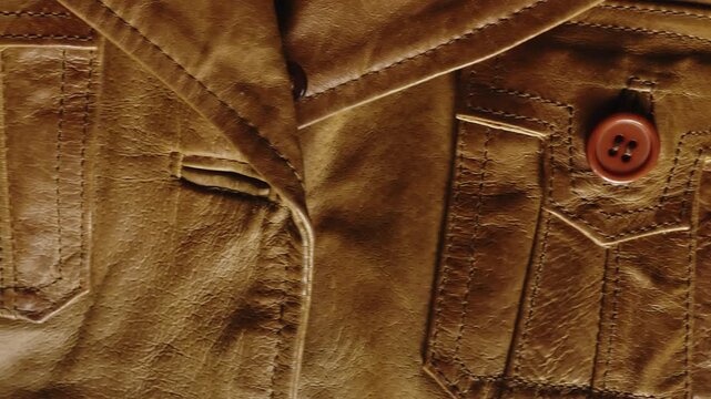 Top-down slide across a fashionable brown leather jacket highlighting stitched pockets, button seams, and luxurious leather texture for fashion-focused productions.