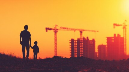Fototapeta premium Father and child walk in the sunset near construction buildings