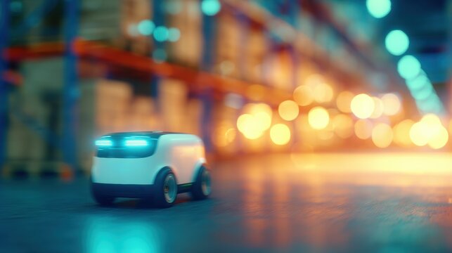 Small delivery robot moves through a warehouse at night with colorful lights in the background
