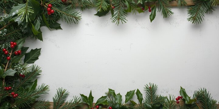 Holiday wreath with traditional cedar fir holly mistletoe and ivy leaves plus berries on white surface bordered by natural timber