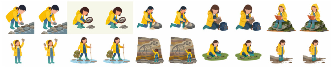 Flat illustration set of a young girl exploring nature, finding fossils, and studying geology in a yellow raincoat, ideal for STEM education and outdoor discovery themes. © Haimura