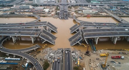Fototapeta premium Devastated Highway Overpass System Collapsed Into Muddy Water Showing Extensive Damage And Construction Equipment