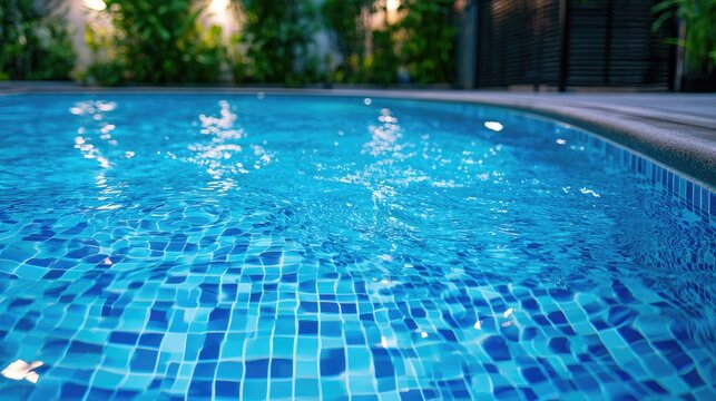 Rippling blue mosaic tiled pool water at twilight, lit by soft uplighting