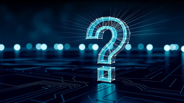 Glowing Digital Question Mark on Futuristic Circuit Board Symbolizing AI, Technology and Problem Solving