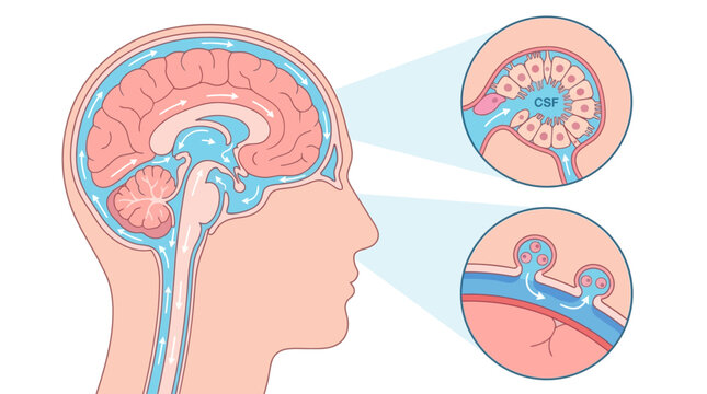 Human Brain CSF Circulation Diagram with microscopic detail insets ideal for medical education and neurology presentations.