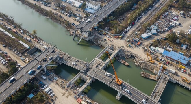Devastating Aerial Panorama of a Collapsed Bridge Disaster Scene Showing Widespread Destruction and Reconstruction Efforts