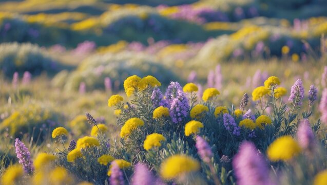 Sunlit biodiverse native sandstone heath in bloom, featuring yellow Dillwynia and pink Boronia wildflower species.