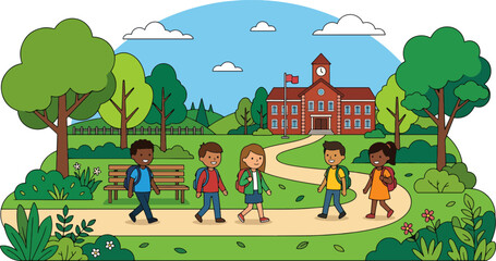 Fototapeta premium School bus transport cartoon illustration showing happy children boarding vehicle on sunny day at neighborhood bus stop area.
