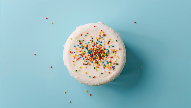Round Cake Topped with Colorful Sprinkles on a Blue Background