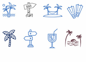 Collection of tropical summer vacation icons including palm trees cocktail flippers and wooden beach signs © gagan