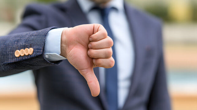 He gives a thumbs down, signaling disapproval, rejection, or negative feedback in the professional environment.