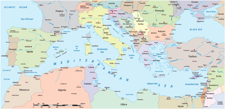 Map of the Mediterranean Sea, Southern Europe, North Africa and Middle East