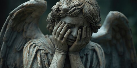 Fototapeta premium Weeping Angel Statue in Gloomy Forest Setting with Detailed Carving