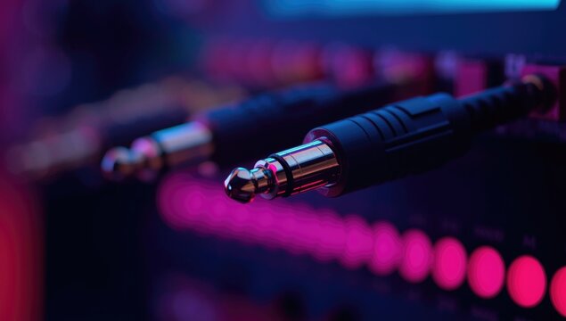 Close-Up of Audio Jacks and Cables - Neon Lighting, Dark Background, High Detail