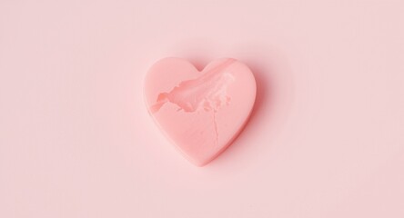 Fototapeta premium Pink Heart-Shaped Soap with Chipped Edge - Isolated on Soft Pink Background, Minimalist Style