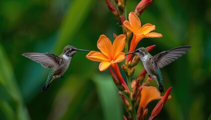 Fototapeta premium Hummingbirds feeding on orange flowers in a garden