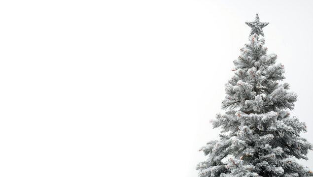 Snow covered Christmas tree collage set against simple white background with copy space