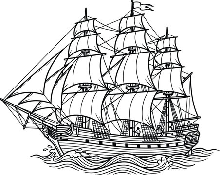 Vintage nautical sailing ship woodcut engraving illustration featuring old wooden caravel vessel with full sails on ocean waves