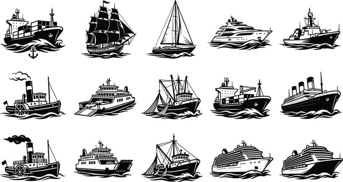 Vintage nautical ship stencil icons collection set featuring maritime vessels cargo container cruise liner and old sailboat silhouettes