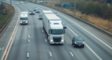 Fototapeta premium Blurred Trucks and Cars on Highway - Foggy Day, Wide Shot, Motion Effect