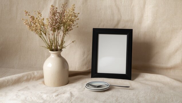 Vase with Dried Flowers and Empty Frame on Neutral Fabric Background