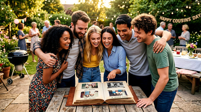Happy cousins looking at photo album. Diverse friends enjoying reunion.