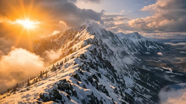 Breathtaking landscape of a mountain peak with snow and clouds during sunrise.