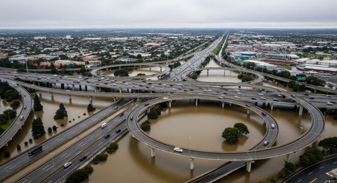 Expansive Multi-Level Highway Interchange with Traffic Flow in a Flooded Urban Landscape.