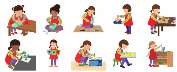 Fototapeta premium Diverse set of young girls engaged in creative arts and crafts activities including carving, stamping, and drawing vector illustration