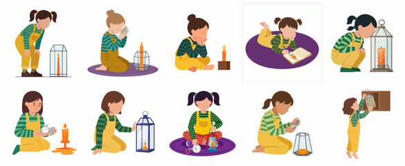 Fototapeta premium Set of cute girl character illustrations with lanterns candles and pocket watches exploring light and time in a cozy flat vector style
