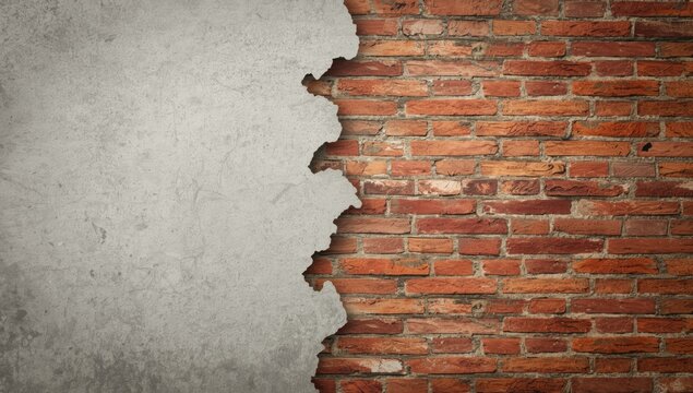 Concrete Wall Peeling to Expose Red Brick - Textured Surface, Close-Up, Industrial Feel