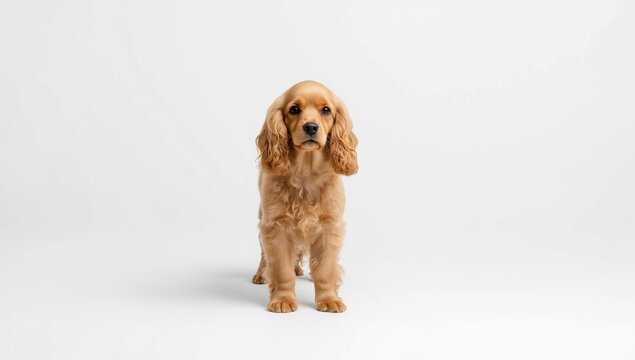 Golden Cocker Spaniel Standing on White Background with Alert Expression