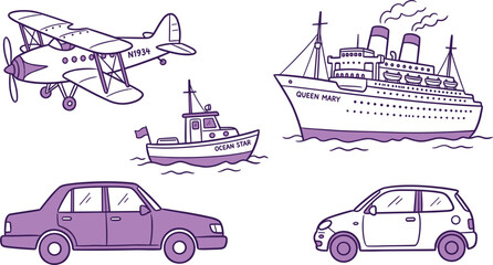 Vintage transportation set with biplane steamship ocean liner boat sedan and hatchback car doodle illustration vector © Afroja