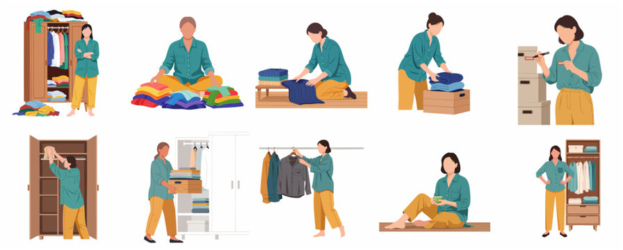 Flat vector illustration of a woman organizing her wardrobe, folding clothes, and decluttering her home.