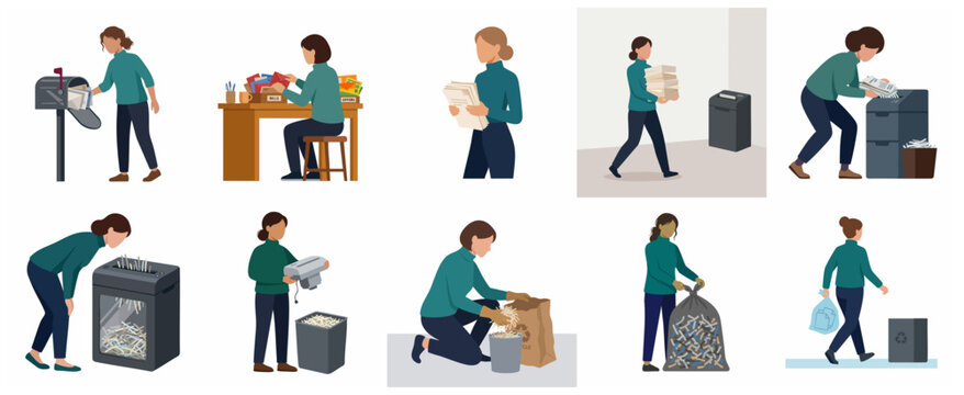 Woman shredding documents and managing mail for data security vector illustration set